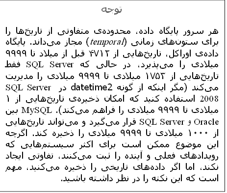 توجه
هر سرور پایگاه داده، محدوده‌ی متفاوتی از تاریخ‌ها را برای ستون‌های زمانی (temporal) مجاز می‌داند. پایگاه داده‌ی اوراکل، تاریخ‌هایی از ۴۷۱۲ قبل از میلاد تا ۹۹۹۹ میلادی را می‌پذیرد، در حالی که SQL Server فقط تاریخ‌هایی از ۱۷۵۳ میلادی تا ۹۹۹۹ میلادی را مدیریت می‌کند (مگر اینکه از گونه datetime2 در SQL Server 2008 استفاده کنید که امکان ذخیره‌ی تاریخ‌هایی از ۱ میلادی تا ۹۹۹۹ میلادی را فراهم می‌کند). MySQL بین Oracle و SQL Server قرار می‌گیرد و می‌تواند تاریخ‌هایی از ۱۰۰۰ میلادی تا ۹۹۹۹ میلادی را ذخیره کند. اگرچه این موضوع ممکن است برای اکثر سیستم‌هایی که رویدادهای فعلی و آینده را ثبت می‌کنند، تفاوتی ایجاد نکند، اما اگر داده‌های تاریخی را ذخیره می‌کنید، مهم است که این نکته را در نظر داشته باشید.
